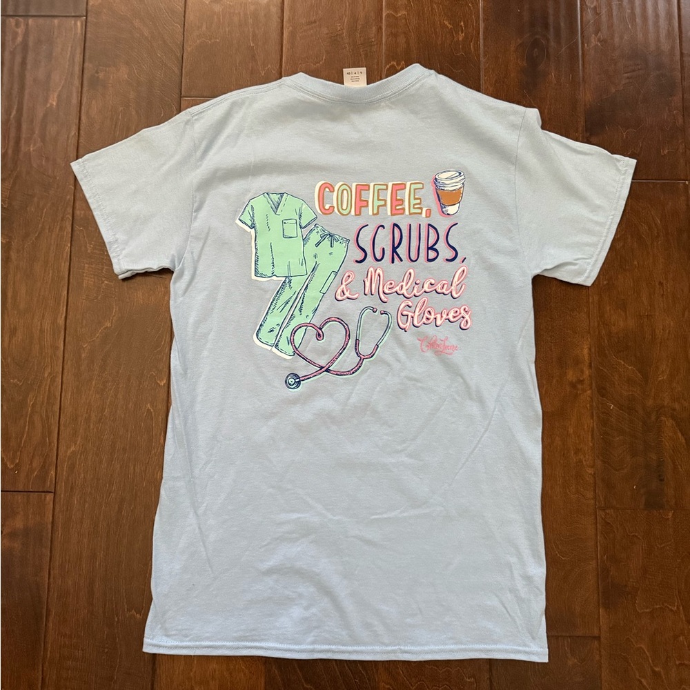 Boutique Women’s Small Tee - Coffee, Scrubs, and Medical Gloves